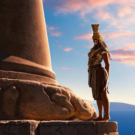 Image similar to greek ancient woman in bronze helmet standing on a giant greek ancient bearded man head, late afternoon light, greek temple of olympus glory island, wispy clouds in a blue sky, by frank lloyd wright and greg rutkowski and ruan jia