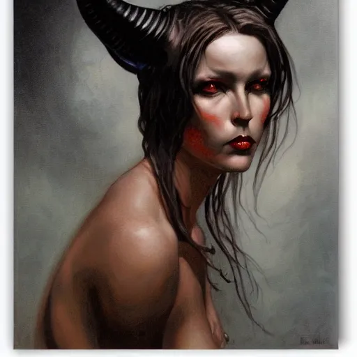 Prompt: portrait of a woman with horns and fully black eyes, by gerald brom