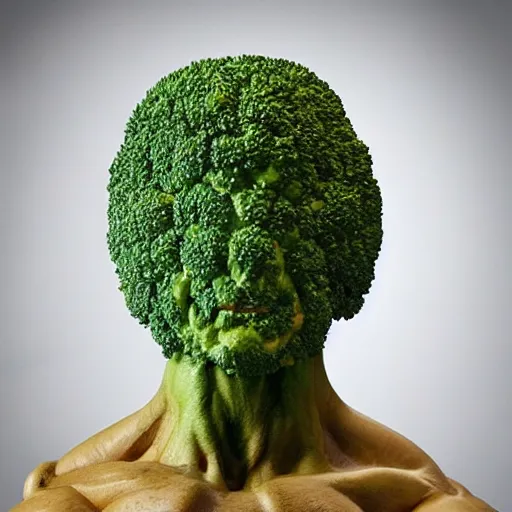 Prompt: a posing bodybuilder sculpture made entirely from broccoli, head of broccoli