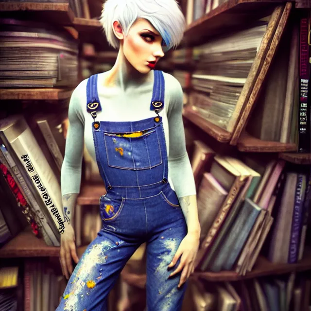 Image similar to full body pose, beautiful adult fairy, pixar, short white hair shaved sides, dirty, grungy, grunge, long sleeve, painted overalls, stacks of giant books, highly detailed, 4 k, hdr, smooth, sharp focus, high resolution, award - winning photo, artgerm, photorealistic