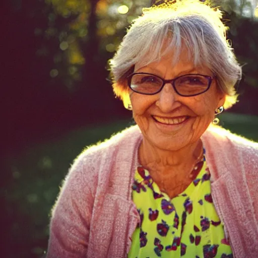 Image similar to a lovely 35mm portrait photo of the woman who raised me, golden hour, smile