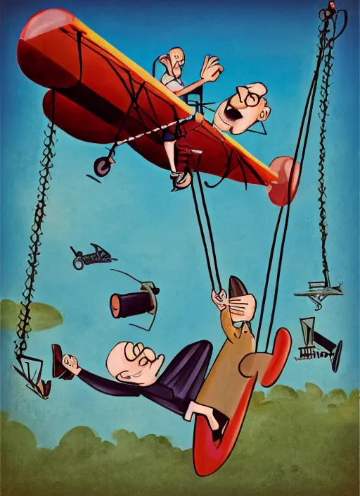 Image similar to an old man on a swing with a plane on top of him, a cartoon by rube goldberg, trending on shutterstock, neoism, poster art, isometric, 2 d