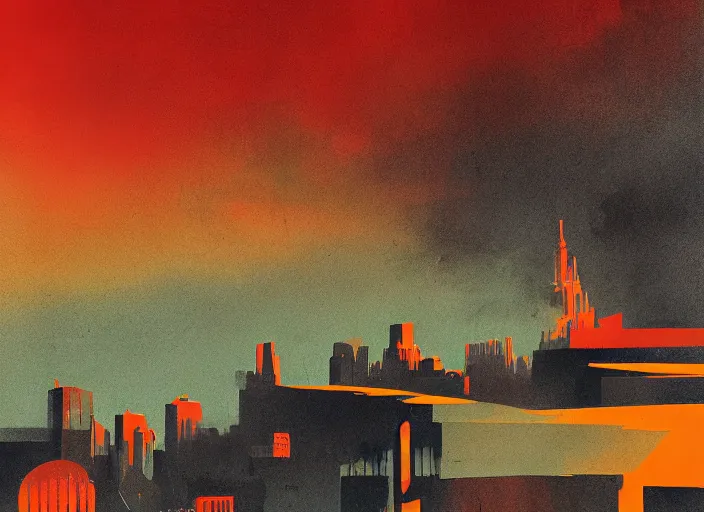 Prompt: editorial illustration by Karolis Strautniekas and Mads Berg, colorful, city of the lost,sky on fire,black moon, fine texture, detailed, matte colors, film noir, dramatic lighting, dynamic composition, moody, vivid, volumetric