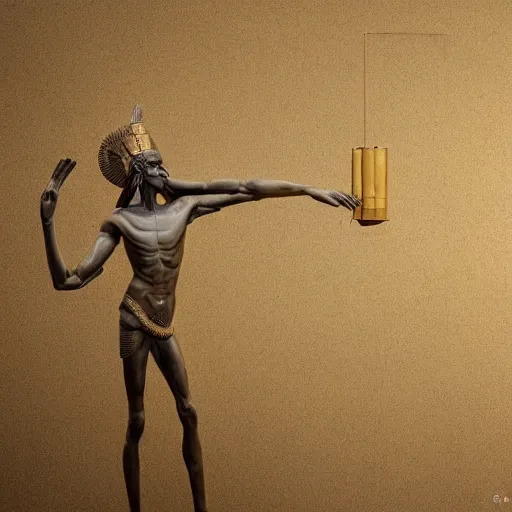 Image similar to Ancient statue of Thoth, the Ibis-headed god, marking down deeds on a papyrus with a reed, standing on a plinth , octane render, studio lighting