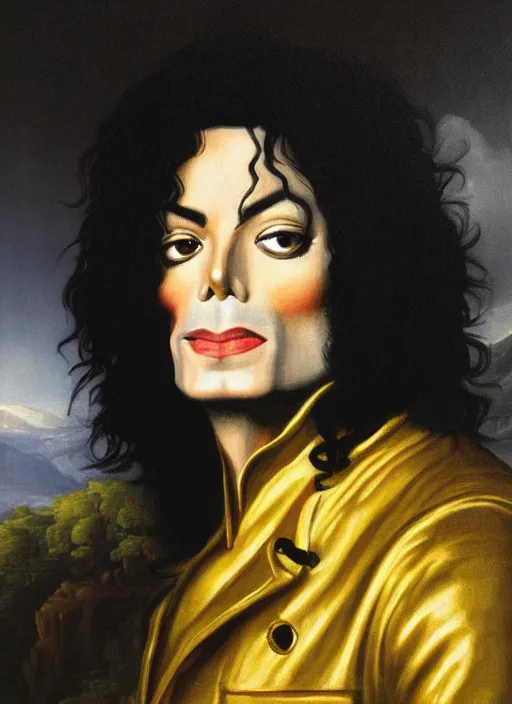 Prompt: individual portrait of michael jackson standing against a thomas cole naturalist style backdrop of mount olympus, michael jackson