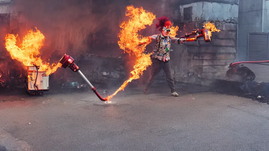 Prompt: photo of a clown using a flamethrower next to a dumpster fire. Daylight. award-winning, highly-detailed, 8K