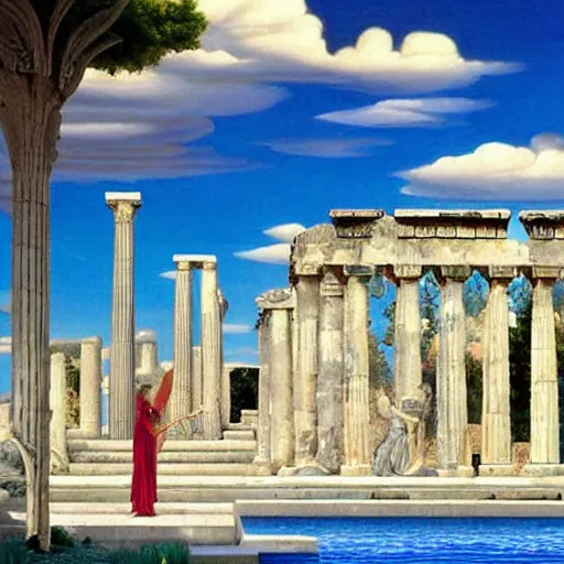 Prompt: young ancient greek godess in helmet, giant gray-haired bearded male head in background, ancient greek temple in background, by David Ligare, wide angle scifi landscape, hyperrealistic surrealism, award winning masterpiece with incredible details, epic stunning, infinity pool, a surreal vaporwave liminal space, highly detailed, trending on ArtStation, artgerm and greg rutkowski and alphonse mucha, daily deviation, IAMAG, broken giant marble head statue ruins, golden hour