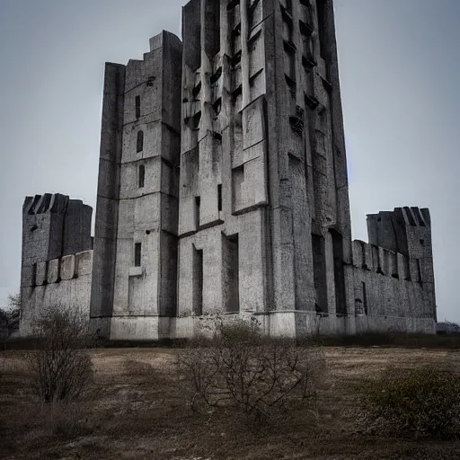 Image similar to a sci - fi beautiful brutalist monumental castle, with many towers sprouting from the base tower creating a complex and unique geometric building, photography