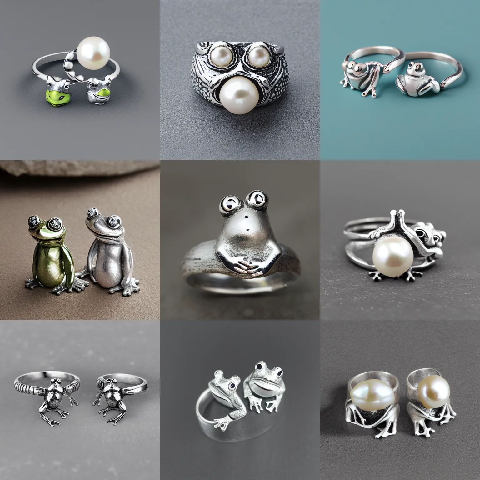 Prompt: “silver frog ring, two frogs holding a pearl in the middle, high quality product image”