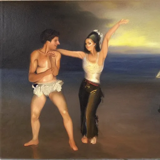 Image similar to A brunette Colombian woman and a Caucasian man dance on a misty pier at midnight, sensual, romantic, oil painting