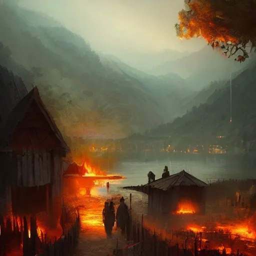 Prompt: A village by a lake of fire, concept art, matte painting, by Greg Rutkowski, artstation