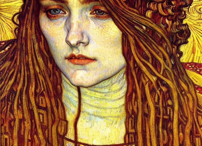 Image similar to detailed realistic beautiful young medieval queen face portrait by jean delville, gustav klimt and vincent van gogh, art nouveau, symbolist, visionary, gothic, pre - raphaelite, muted earthy colors, desaturated