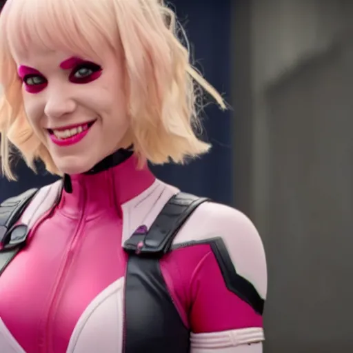 Image similar to A still of Gwenpool in Deadpool 3 (2023), blonde hair with pink highlights, no mask, white and light-pink outfit, smiling and winking at the camera, comics accurate design