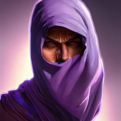 Image similar to ultra realistic illustration, man in a black hood, in a striped purple balaclava, mysterious, highly detailed, digital painting, artstation, concept art, smooth, sharp focus, illustration, art by artgerm and greg rutkowski and alphonse mucha