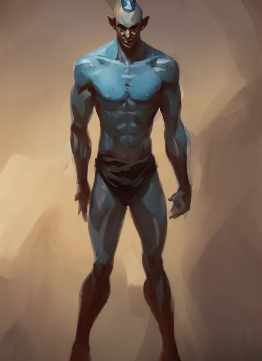 Image similar to a calm young adult male muscular slim blue elf with gey light clothes character design by greg rutkowski