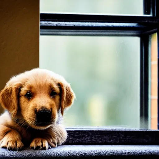 Prompt: a cute puppy dog looking outside a window on a rainy day in Seattle