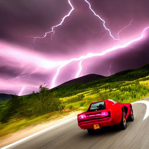 Image similar to zerglings rushing towards black pontiac firebird trans - am driving towards the camera, norway mountains, valley, large lake, dynamic, cinematic, motionblur, volumetric lighting, wide shot, low angle, red glow in sky, large lightning storm, thunder storm