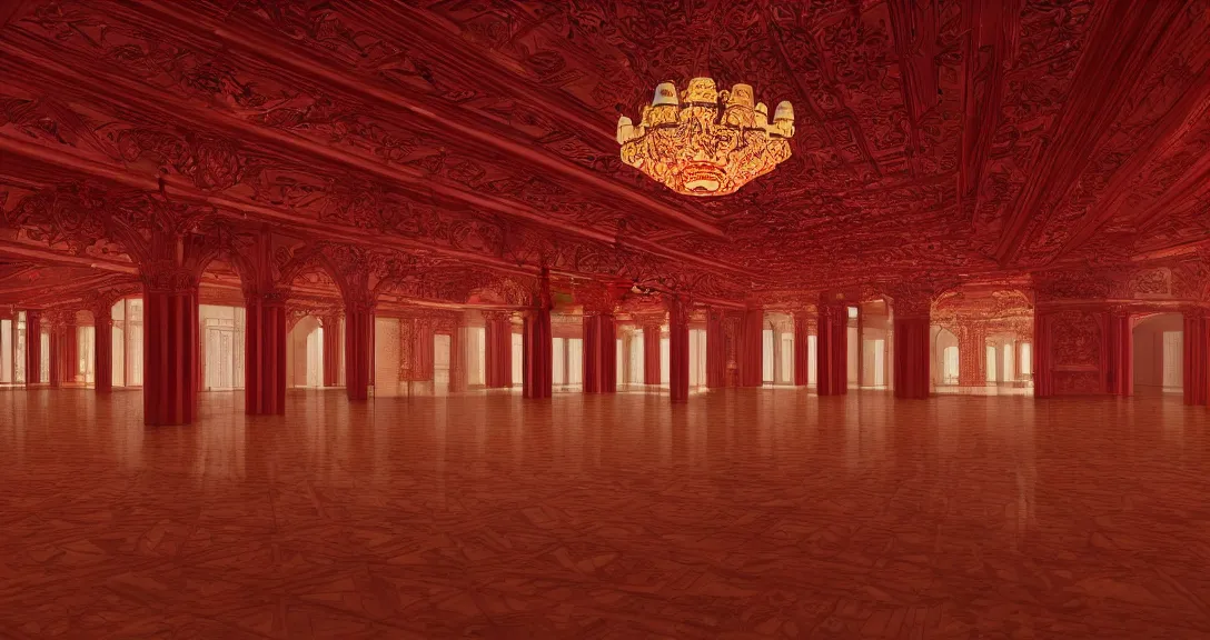 Prompt: Palace ballroom, perfect interior design, red colors, Traditional-interior-lighting, park-view, perfect-design, style of Louis Kahn, 4k, wide-perspective, grand-composition, concept-art, highly-detailed, sublime, dramatic, cinematic, octane