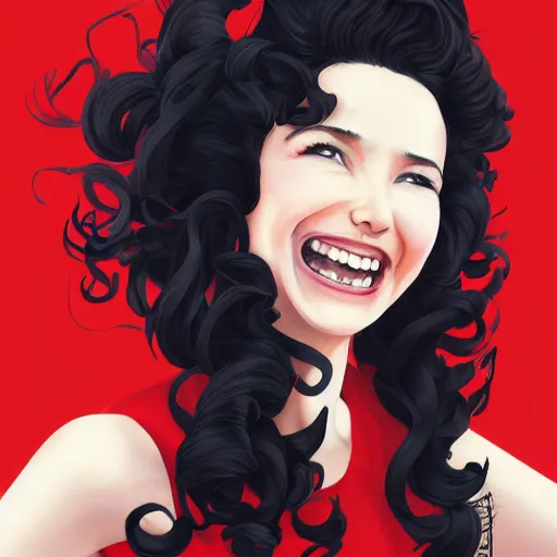 Prompt: A medium shot anime portrait of laughing out loud Natalia Oreiro with curly brown hair wearing a red dress, by Stanley Artgerm Lau, WLOP, by Rossdraws, by James Jean, by Andrei Riabovitchev, by Marc Simonetti, and by Sakimi chan, trending on artstation