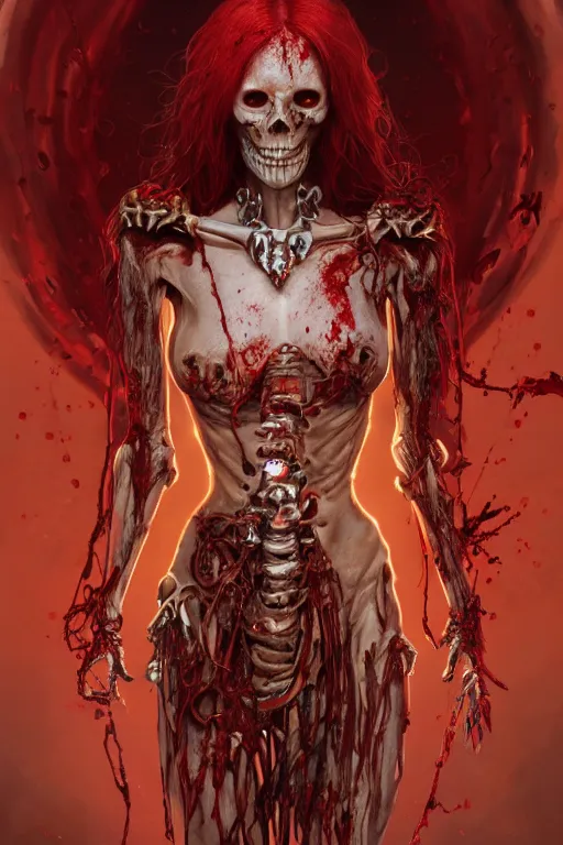 Prompt: woman skeleton covered with blood, long red hair, golden necklace, ultra realistic, concept art, intricate details, highly detailed, photorealistic, octane render, 8 k, unreal engine. art by artgerm and greg rutkowski and alphonse mucha