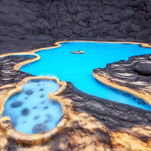 Image similar to A photo of a blue beautiful pool in the middle of infierno,hell, fire, lava in 85mm lense, artistic, highly realistic, super detailed, very very detailed, very ahestetic