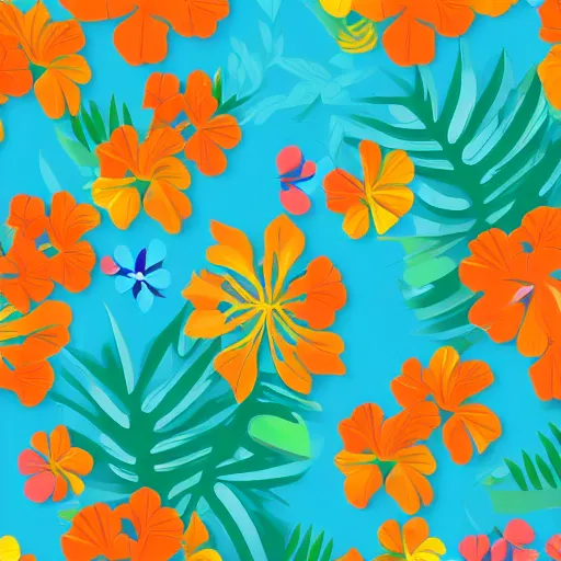 Image similar to Vector illustration of tropical flowers with multiple cohesive colors ranging from warms blues to bright oranges on a dark moldy blue background, 4K resolution