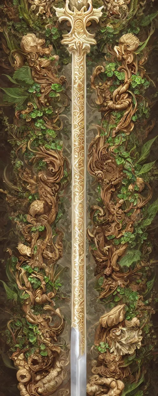 Image similar to beautiful fantasy giant sword carved with decorative ornament, acanthus scrolls, lilies, ivy, energy, geometry, bones, petals, stems, ceremonial clouds, dripping paint, fibonacci rhythm, artstation, artgerm, wlop, symmetric ornaments