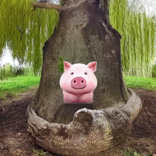 Prompt: a cute pig meditating like buddha on top of a giant mushroom, large willow tree in the background. ”