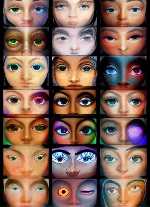 Image similar to diverse eyes!, rotating circle, dot pupils, teams, healing, energetic, life, hybrids, thin glowing devices, reflections, vitals visualiser!!, advanced art, art styles mix, from wikipedia, grid of styles, various eye shapes