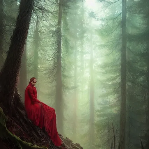 Image similar to man trapped in woods, desperate, dark red regal clothing, sharp focus, intricate, cinematic lighting, smooth, ultra realistic digital art, high fantasy, elegant, by artgerm, greg rutkowski, alphonse mucha