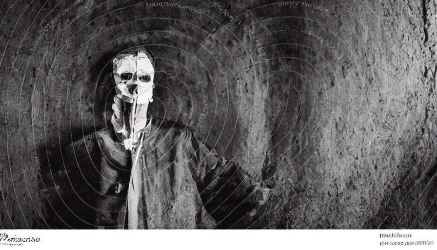 Prompt: 50s movie still close-up portrait of a skinny old male with a taxidermic mask and bones clothes in a liminal space style tunnel, early black and white 8mm, heavy grain, low quality,