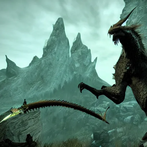 Image similar to joe biden tame a dragon in skyrim world. 8 k, hd, detailed.