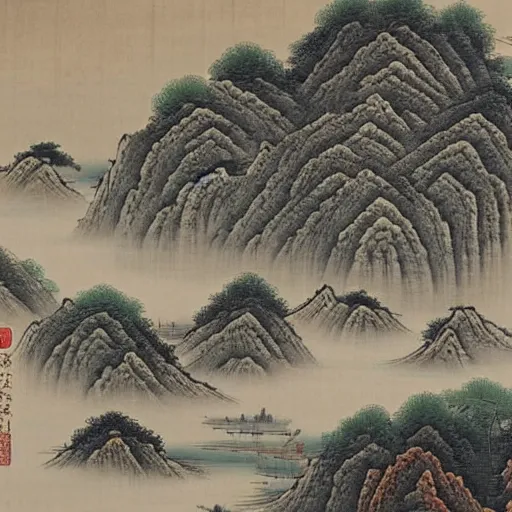 Prompt: beautiful landscapes in the style of Cheng Jiasui (程嘉燧, 1565–1643), Chinese landscape painter and poet