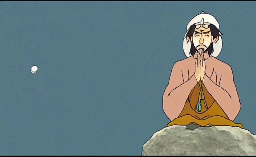 Image similar to a cell - shaded cartoon movie still from princess mononoke ( 1 9 9 7 ) of a middle eastern imam kneeling in prayer. a golden ufo is in the sky. very dull muted colors, hd, 4 k, hq