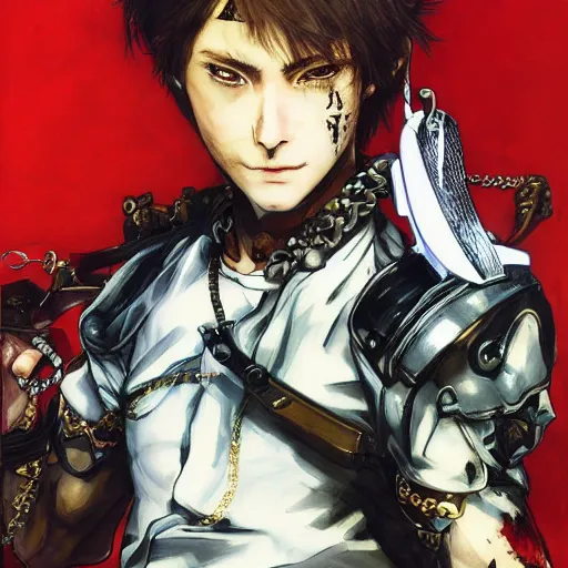 Image similar to portrait of a young white hero using his right arm to hold his sword covering his eye by yoji shinkawa, high quality, extra details, realism, ornate, colored, golden chain, blood, white skin, short hair, brown eyes, vivid, sunlight, red headband, black eyepatch, white american soldier, painting, cybernetics, military