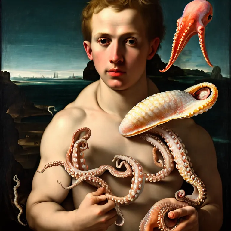 Image similar to young white man standing in a shell, holding a squid, octopus, sea in the background, beautiful baroque portrait painting, beautiful detailed intricate insanely detailed octane render trending on Artstation, 8K artistic photography, photorealistic, chiaroscuro, Raphael, Caravaggio