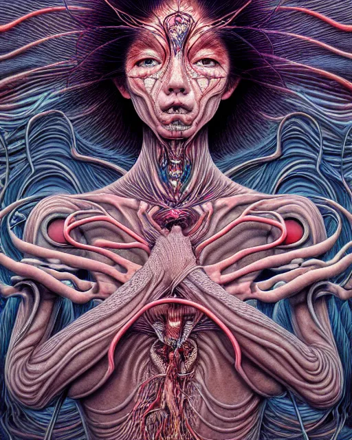 Image similar to realistic detailed image of the human spirit breaking away from the body, conjuring psychedelic background, part by takato yamamoto, part by alex gray, ross tran, james jean, ultra realistic, octane render, highly detailed, 8 k, trending on artstation, cosmic, symmetry, masterpiece