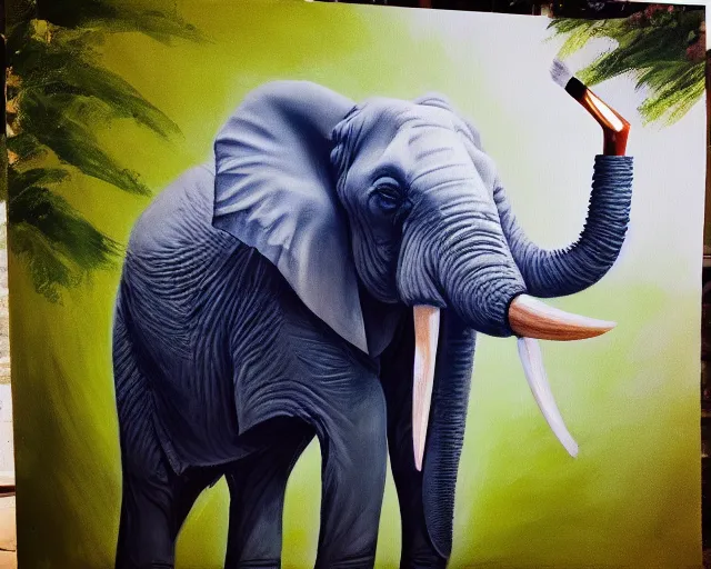 Image similar to photo of an an elephant painting a picture with its trunk holding a paintbrush while standing outside in a park on a sunny day, octane, shot on an iphone,