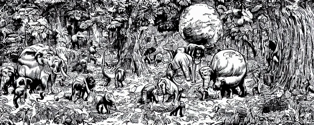 Prompt: the chimpanzee globe trotters go to an elephant wonderland inside the hollow earth where emotions are math and math is love, black and white in the style of jim woodring