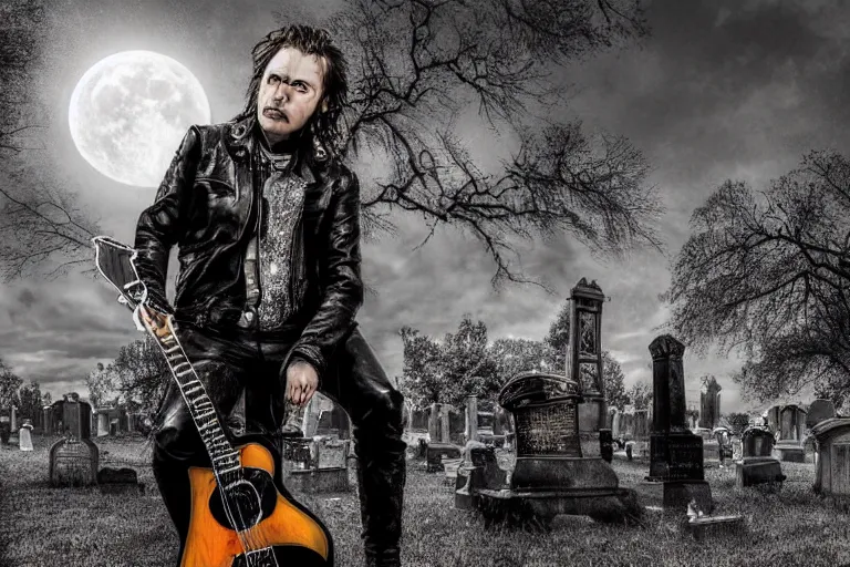 Prompt: mikhail gorshenev as a sceleton in a leather jacket playing black electric guitar in a cemetery, rock concert, dark night, full moon, crows on the oak tree, highly detailed digital art, photorealistic