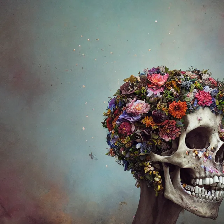 Image similar to A beautiful oil painting hyperrealism of a decayed head, rotting clay skin, skull bones, flowers, floral headdress, 8k resolution, octane render, Trending on artstation, by Gediminas Pranckevicius, volumetric light 2blue fractal Thunder glow by dan mumford, anaglyph effect, Laurie Lipton