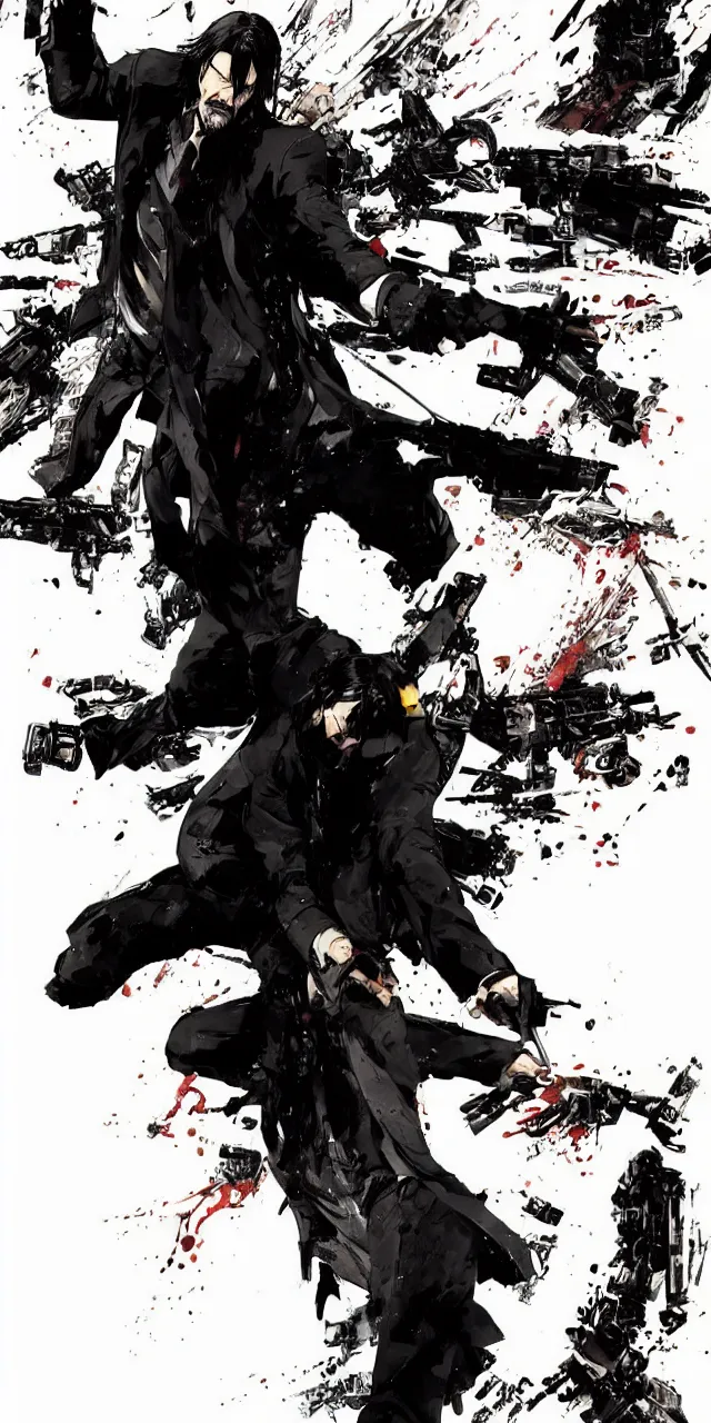 Image similar to John Wick illustrated by Yoji Shinkawa, dynamic action pose, full body, hi res