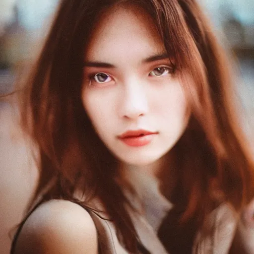 Prompt: a close-up of a gorgeous woman’s face looking at the camera with a mix of desperation and awe, soft blurred city background, captured in low light and sharp focus, cinestill 800t