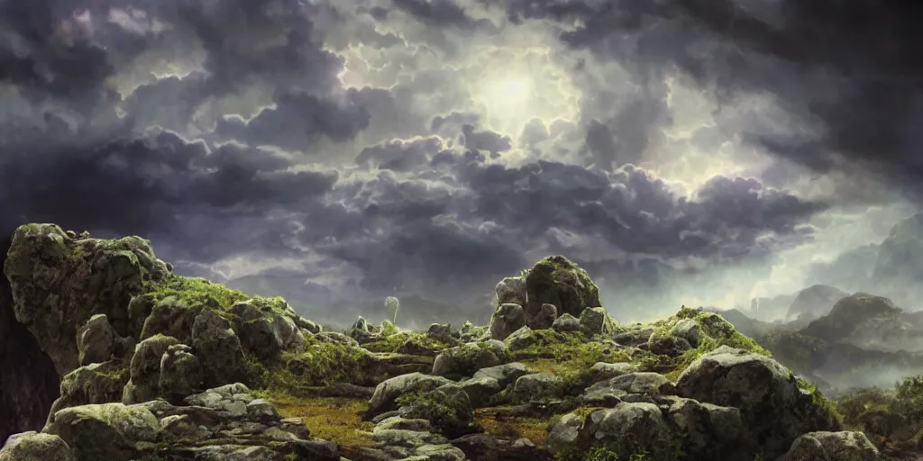 Image similar to photorealistic epic landscape with magically floating rocks, with ominous storm clouds by alphonse mucha and maxfield parrish. strange levitating stones, stones falling from the sky, swirls of mist. occult photorealism, uhd, amazing depth, glowing, volumetric lighting, cinematic lighting.