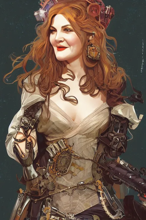 Image similar to drew barrymore steampunk half - cyborg cowgirl, pelt coats, high fantasy, dnd, smooth, sharp focus, illustration, highly detailed, digital painting, artstation, concept art, by rossdraws, alphonse mucha, frank fanzzeta, collectible card art