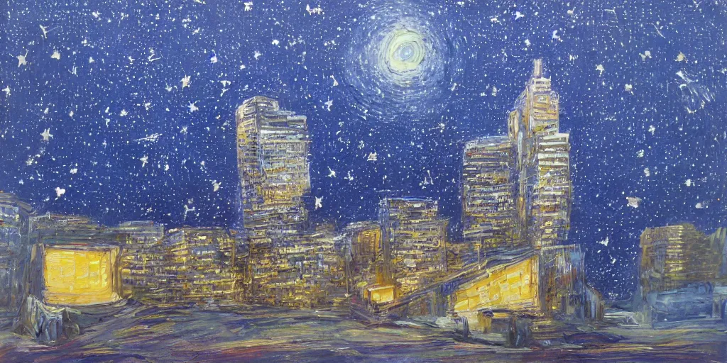 Image similar to stary night painting, norman foster tower, house, city