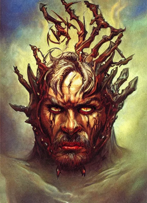 Image similar to portrait of grizzled male god of the damned, black iron crown, claw scars, strong line, deep color, beautiful! coherent! by boris vallejo, by brian froud