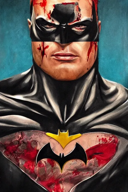 Image similar to A portrait painting of the muscular batman covered in bloody scars