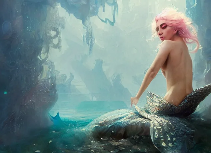 Image similar to lady gaga as a mermaid, intricate, sharp focus, lens flare, bloom, illustration, highly detailed, digital painting, concept art, matte, art by ruan jia and wlop and greg rutkowski