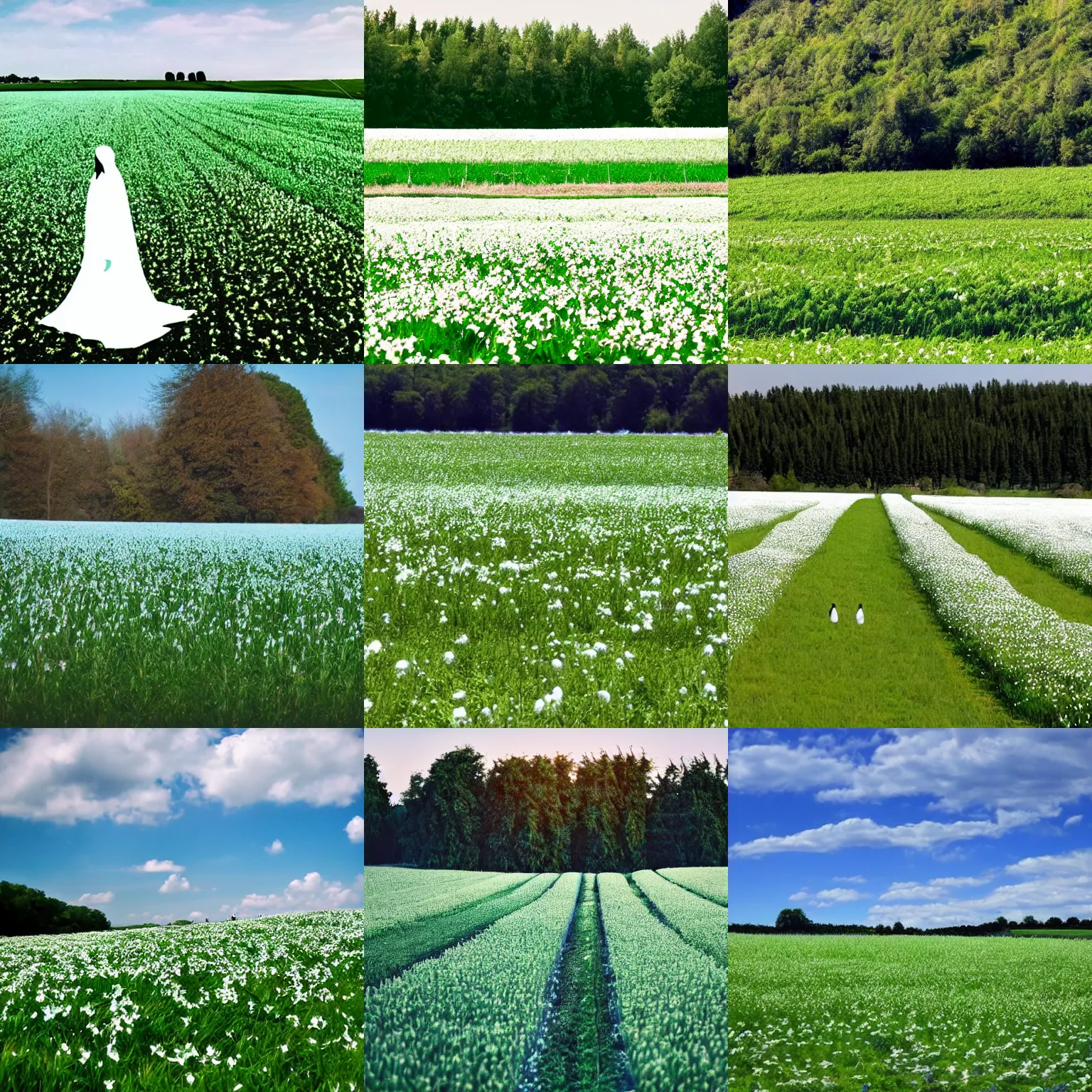 Prompt: a very green field with white flowers and a blue sky! it has light beings with long hair, wings and dressed in white robes.